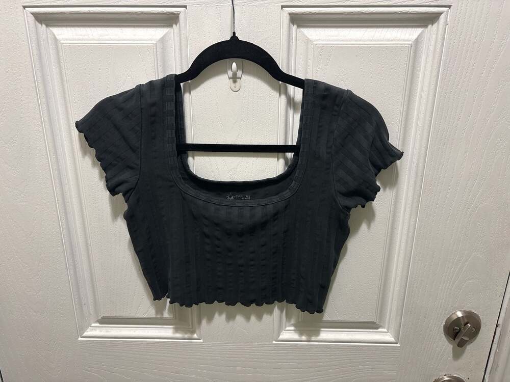 OFFLINE by Aerie Ribbed Square Neck Crop Top Black Size S